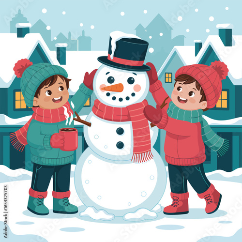 Kids building a snowman together in a snowy village scene children winter
