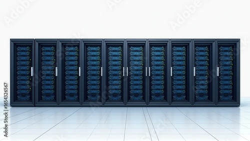 A symmetrical row of dark data servers stands on a clean tile floor in a white data center.