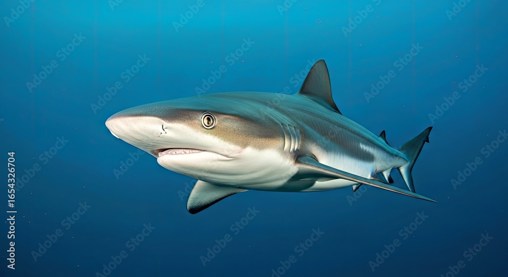 Obraz premium Reef Shark Symmetrical Portrait with Soft Ambient Underwater Light