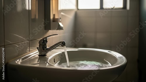 Running faucet fills a white porcelain bathroom sink. Soft lighting