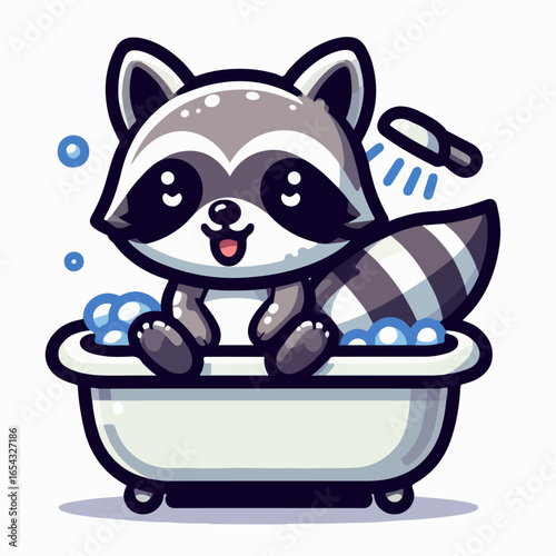 cartoon vector illustration of a raccoon taking a bath in a bathtub