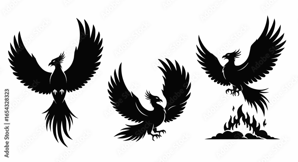 Fototapeta premium Phoenix Silhouette Vector Set on White Background – Mythical Bird, Firebird, Rising Phoenix, Fantasy Winged Creature Black Solid Shapes for Design and Decoration
