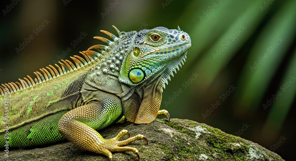 Fototapeta premium Majestic Green Iguana Portrait on Sun-Drenched Rock with Overcast Light
