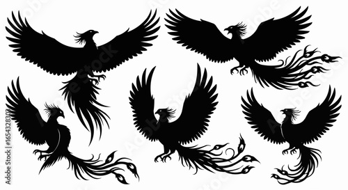 Phoenix Silhouette Vector Set on White Background – Mythical Bird, Firebird, Rising Phoenix, Fantasy Winged Creature Black Solid Shapes for Design and Decoration