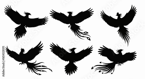 Phoenix Silhouette Vector Set on White Background – Mythical Bird, Firebird, Rising Phoenix, Fantasy Winged Creature Black Solid Shapes for Design and Decoration