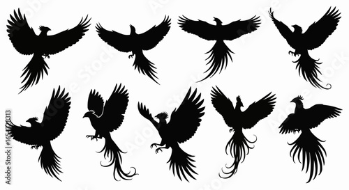 Phoenix Silhouette Vector Set on White Background – Mythical Bird, Firebird, Rising Phoenix, Fantasy Winged Creature Black Solid Shapes for Design and Decoration