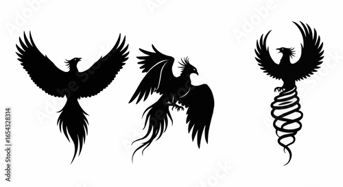 Phoenix Silhouette Vector Set on White Background – Mythical Bird, Firebird, Rising Phoenix, Fantasy Winged Creature Black Solid Shapes for Design and Decoration
