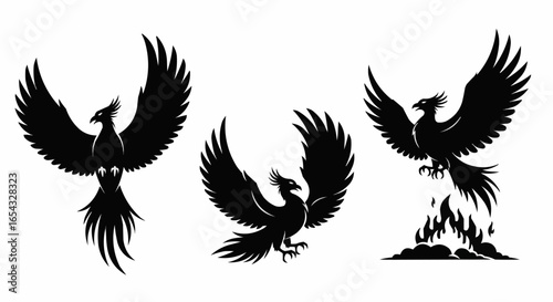 Phoenix Silhouette Vector Set on White Background – Mythical Bird, Firebird, Rising Phoenix, Fantasy Winged Creature Black Solid Shapes for Design and Decoration