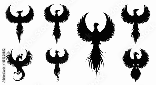 Phoenix Silhouette Vector Set on White Background – Mythical Bird, Firebird, Rising Phoenix, Fantasy Winged Creature Black Solid Shapes for Design and Decoration