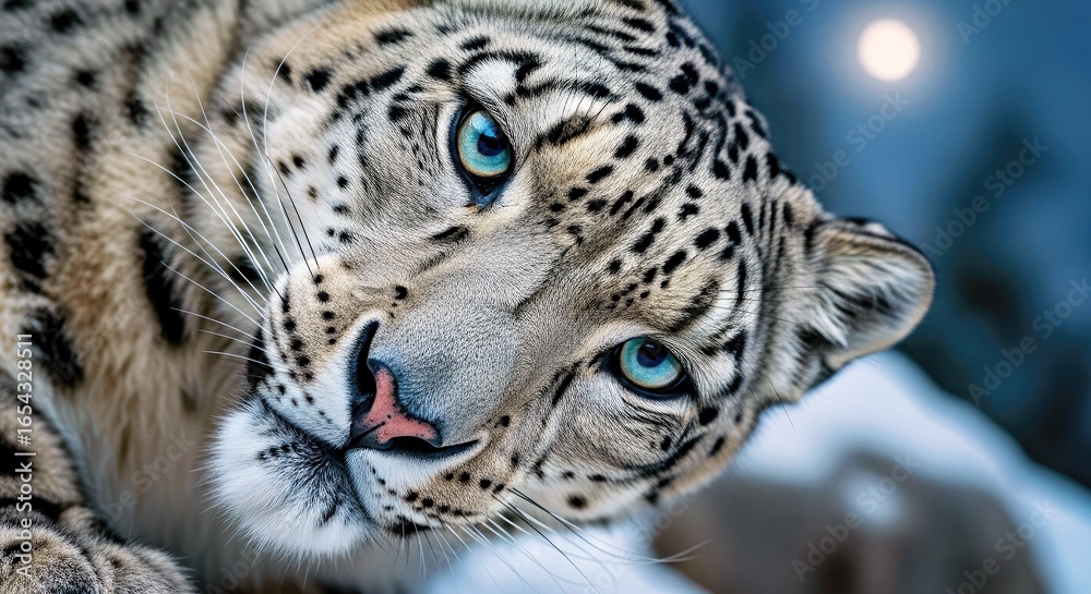 Fototapeta premium Majestic Snow Leopard Profile Portrait with Striking Blue-Green Eyes