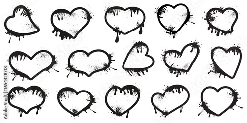 Graffiti heart collection. Black and white hearts with paint splashes and ink drops create a modern urban street style