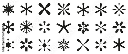 Asterisk and starburst black silhouettes with sharp, rounded, and abstract spoke designs for decorative or technical use