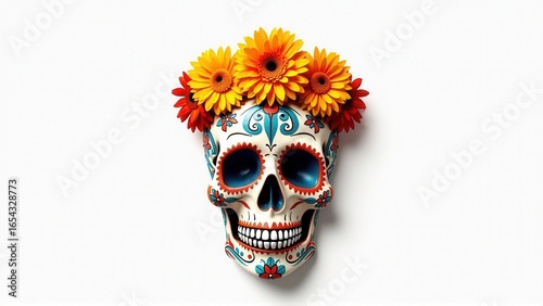 Stylized sugar skull with vibrant floral crown conveys festive celebration on a bright background