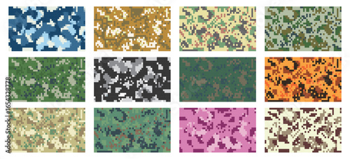 Digital camouflage patterns in multiple color variations including green, desert, urban, blue, and pink pixel army styles