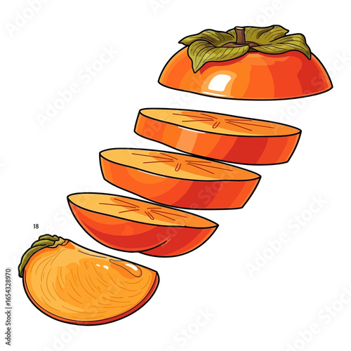 A persimmon fruit, sliced and levitating, in a vibrant illustration.