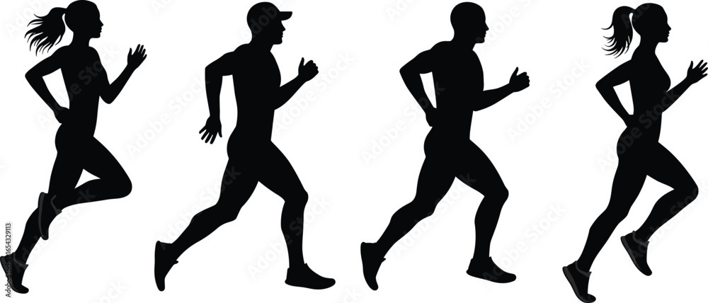 Running silhouettes of men and women, jogging athletes vector, fitness workout design, marathon training illustration, healthy lifestyle exercise, sport activity artwork Running silhouettes of men and women, jogging athletes vector, fitness workout design, marathon training illustration, healthy lifestyle exercise, sport activity artwork