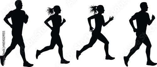 Running silhouettes, jogging people, fitness exercise, man woman jogging, sport training, athletic figures, outdoor workout, marathon runners, healthy lifestyle, black outline