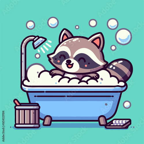 cartoon vector illustration of a raccoon taking a bath in a bathtub