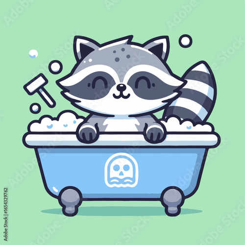 cartoon vector illustration of a raccoon taking a bath in a bathtub