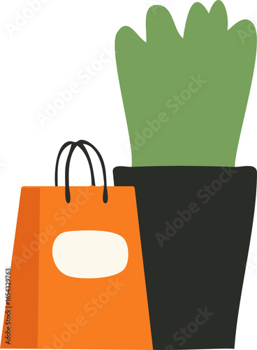 This illustration shows a green plant in a black pot placed behind an orange shopping bag with black handles and a white oval label.