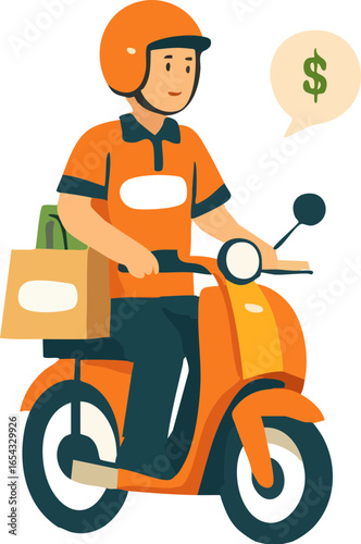 An illustration of a food delivery rider wearing an orange helmet and shirt, riding a scooter with a grocery bag on the back, accompanied by a speech bubble showing a dollar sign.