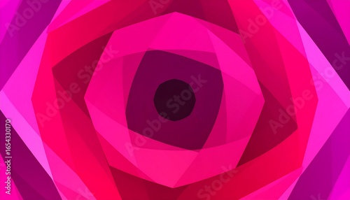 A vibrant, geometric design featuring a mesmerizing, concentric pattern of overlapping, multifaceted shapes in shades of deep pink and magenta.