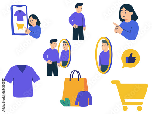 This illustration shows a collection of flat-style shopping and e-commerce icons, including people browsing clothes online, trying outfits, shopping bags, carts, and approval symbols.