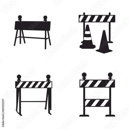 Black and white construction barriers and road block icons