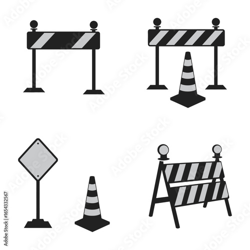 Road construction barriers and traffic cones in black and white