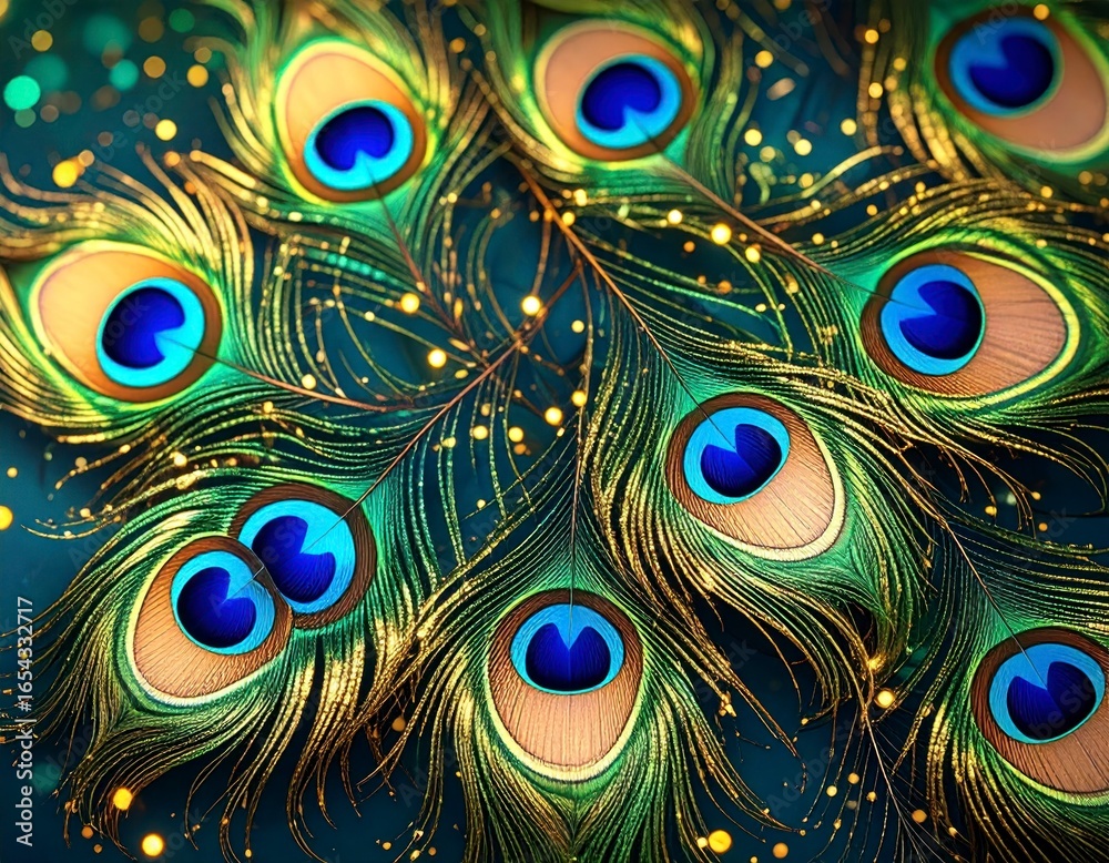 Obraz premium Abstract Artistic Peacock Feather Arrangement With Golden Sparkles and Emerald Background