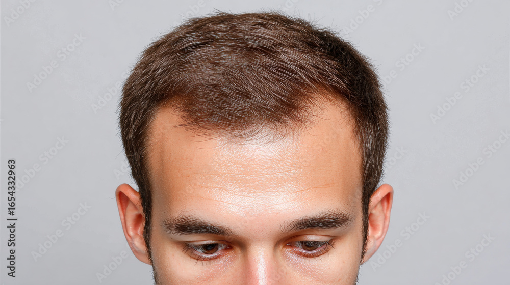 Fototapeta premium Young man with short brown hair looking down with neutral expression on gray background
