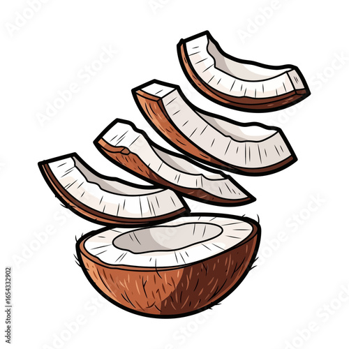 Illustration of a halved coconut with several slices floating above it.