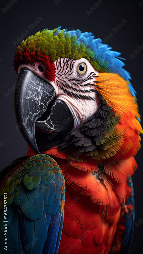 Obraz premium blue and yellow macaw portrait on black background