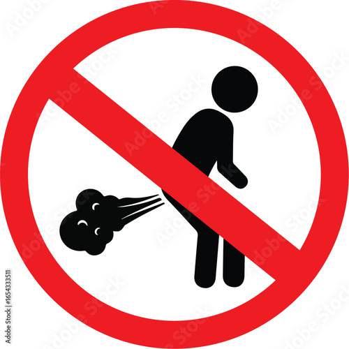 prohibition sign with person farting silhouette and red circle symbol for no gas release funny warning