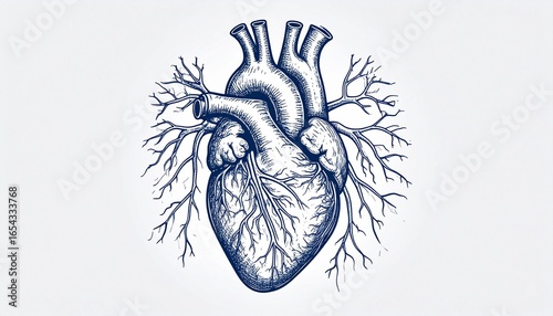Detailed anatomical human heart illustration in a vintage ink sketch style, symbolizing human biology, medical science, health, and cardiology.