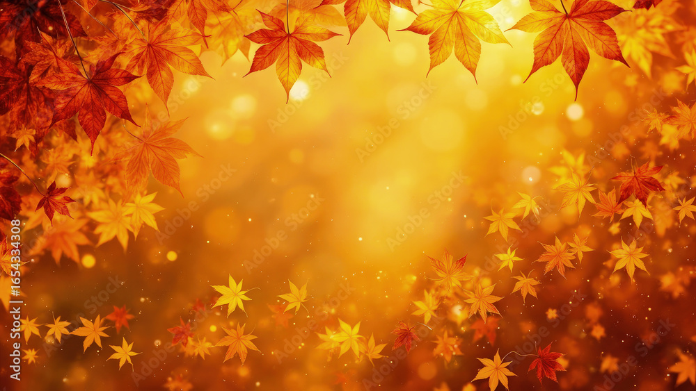 Autumnal arrangement of falling maple leaves in shades of orange and yellow against a warm bokeh background with light particles Autumnal arrangement of falling maple leaves in shades of orange and yellow against a warm bokeh background with light particles