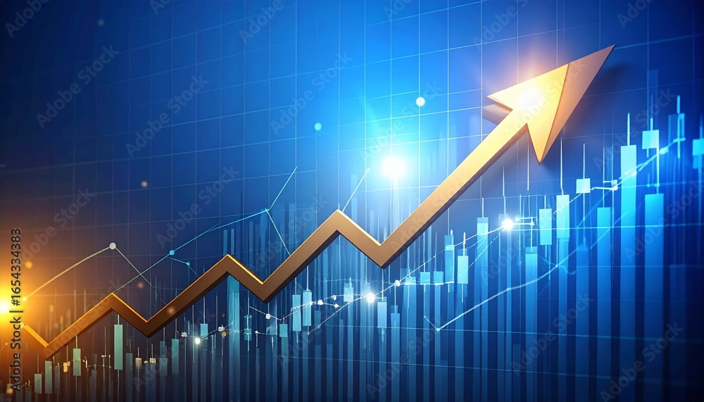 Golden upward arrow with financial bar and candlestick charts on a blue background, symbolizing business growth, economic success, and market trend. Golden upward arrow with financial bar and candlestick charts on a blue background, symbolizing business growth, economic success, and market trend.