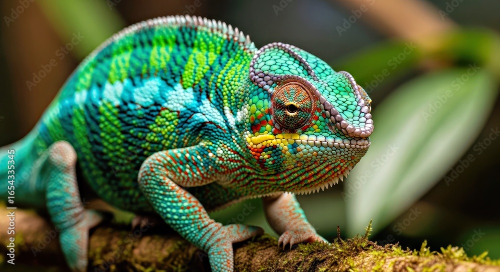 Obraz premium Vibrant Panther Chameleon Portrait in Rainforest with Soft Light