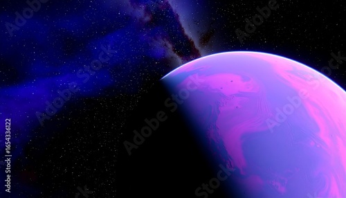 A vibrant, otherworldly planet with shades of purple and violet, against a dark cosmic background, displays swirling patterns and scattered starlight.