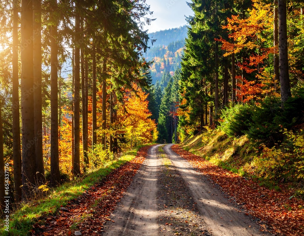 Fototapeta premium Autumn forest path bathed in sunlight (1)