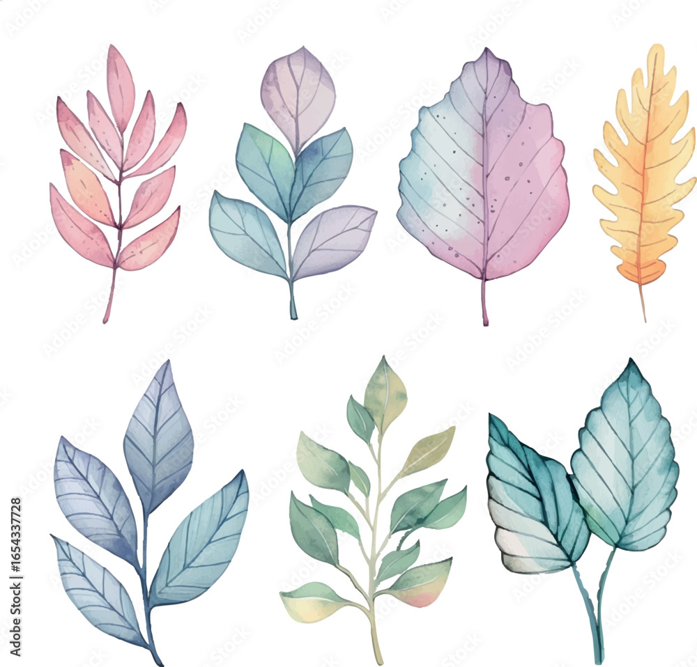 Fototapeta premium Watercolor Vector Leaves Set – Hand Painted Botanical Clipart