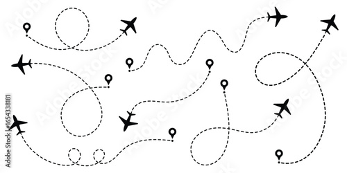 Airplane travel path destination map pins, air plane route icon