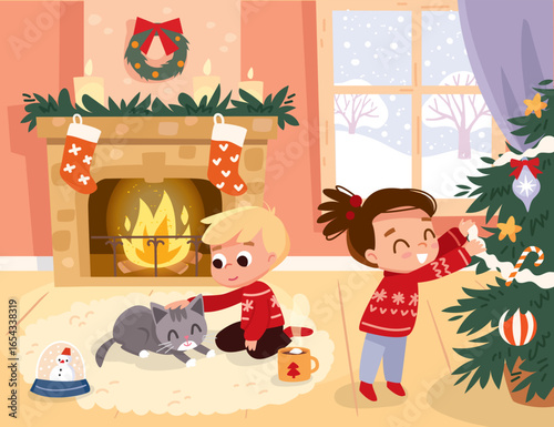 Children on Christmas holidays at home, decorating the Christmas tree, sitting by a fireplace with  a cat and hot chocolate. Family in cozy Christmas living room with decorations. Winter scene