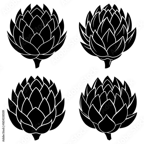Four artichoke silhouettes arranged in a square format with a white background in black and white style