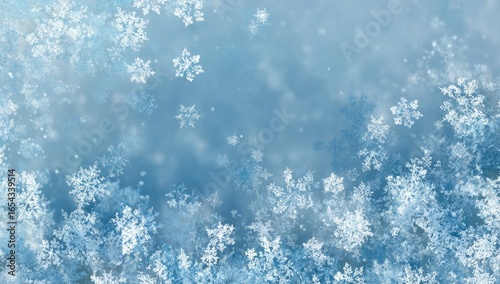 Winter scene of many delicate snowflakes.  A soft, light blue backdrop, with numerous intricate, white snowflakes in various sizes.  A gentle, diffused light gives a soft, ethereal feel
