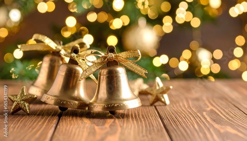 Wallpaper Mural Three Gold Christmas Bells with Bows and Star Ornaments on Wooden Table Torontodigital.ca