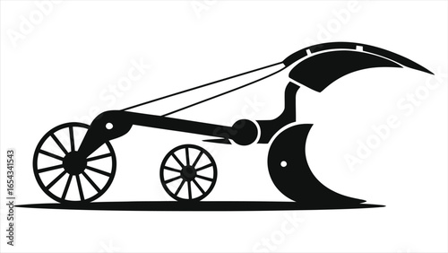 Black and white vector illustration of a vintage horse-drawn plow with large spoked wheels and curved blade, symbolizing traditional farming equipment, agriculture, and historical farm tools