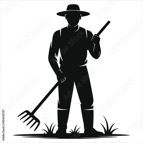 Silhouette of a farmer wearing a wide-brimmed hat holding a rake standing on grass, black and white vector illustration symbolizing agriculture, farming, rural life, gardening, and outdoor work