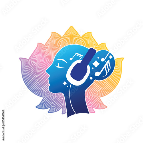 Sound therapy concept. Woman profile with the lotus flower on the background, meditating and listening to relaxing music in headphones. Sound bath and sound healing illustration.