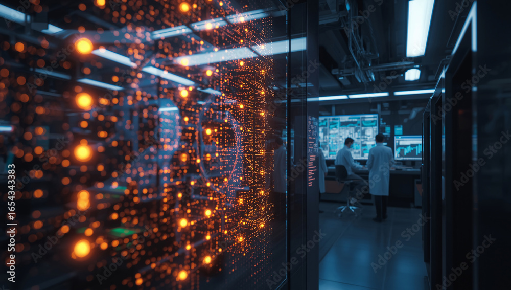 Fototapeta premium A hyper-realistic depiction of a futuristic quantum computer lab with glowing holographic interface and advanced AI processors. Perfect for illustrating future science and technology concepts. 